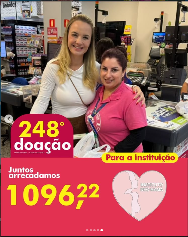 Cliente e colaboradora abraçadas no caixa do supermercado, com arte da 248ª doação de R$ 1.096,22 ao Instituto Neo Mama.