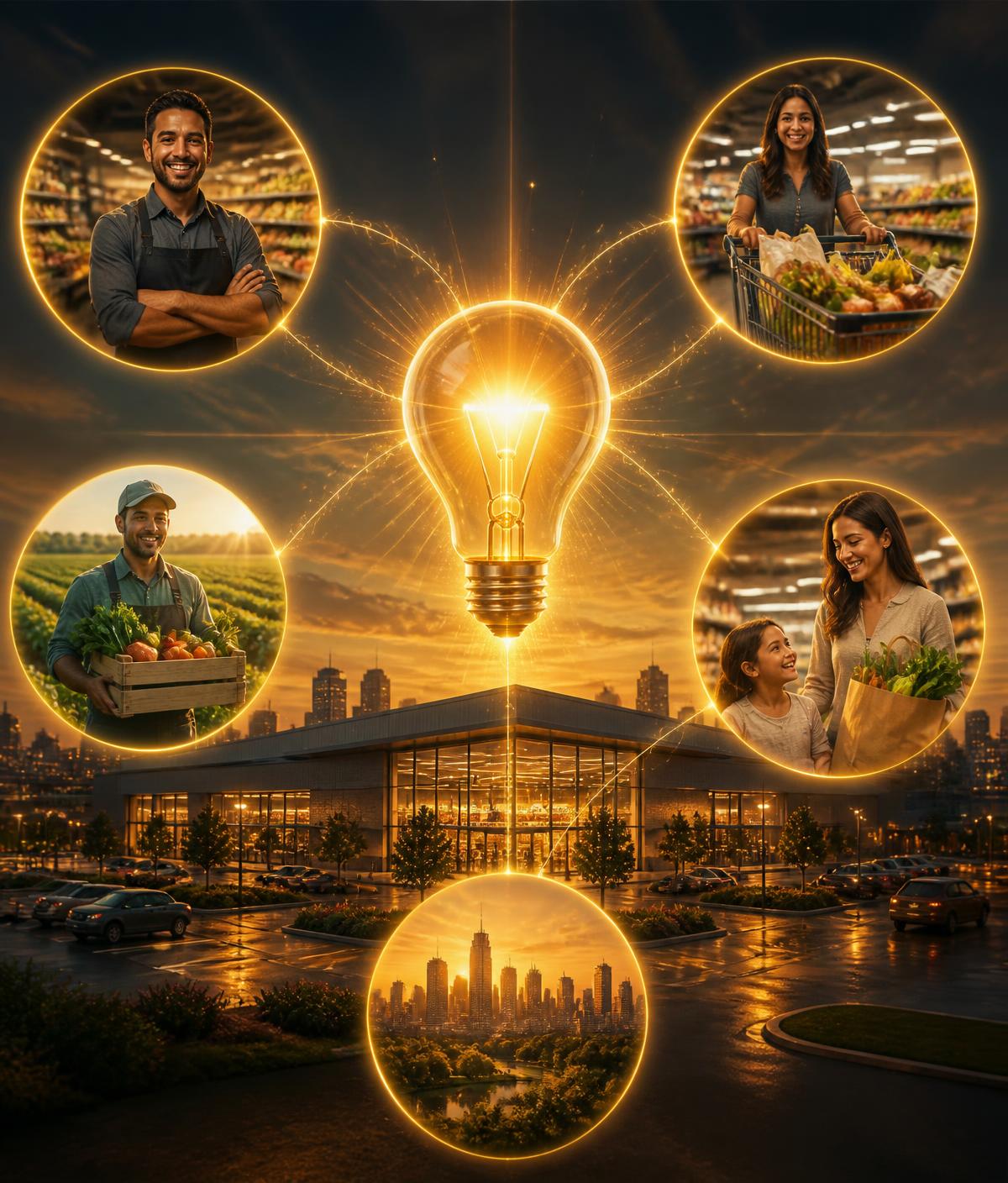 Ideia central do Dia DARE conectando consumidores, supermercado, produtores, comunidade e cidade.