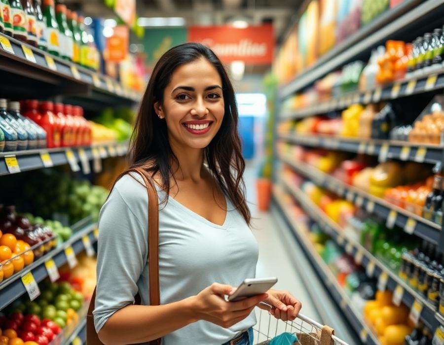 Consumidora sorrindo com o celular em um corredor de supermercado abastecido.