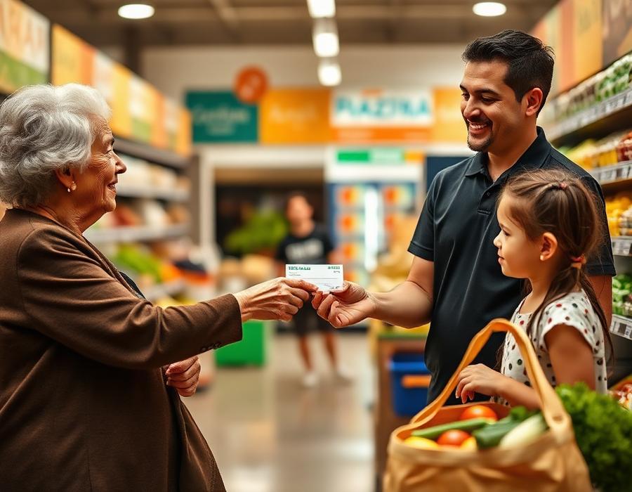 Colaborador de supermercado entregando um vale-compras a uma senhora e uma criança.