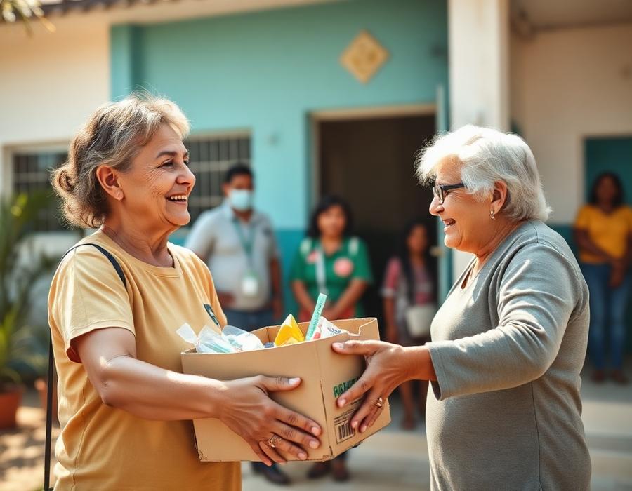 Voluntária entregando uma caixa de alimentos a uma moradora em frente a uma instituição comunitária.
