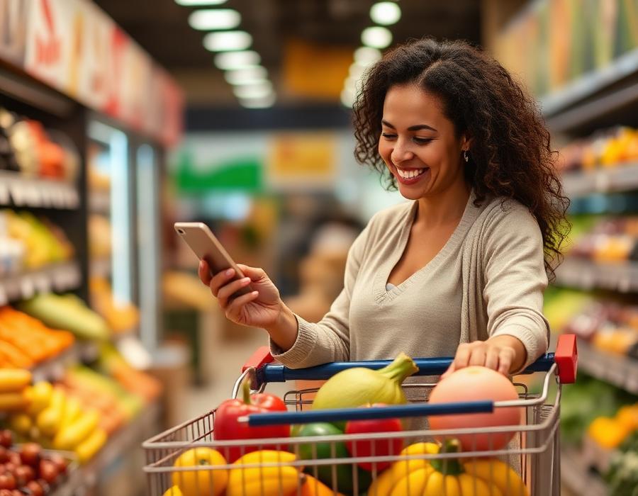 Cliente conferindo ofertas no celular enquanto empurra um carrinho cheio de frutas e legumes.
